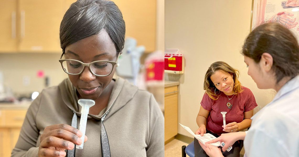 Two Myasthenia Gravis patients holding saliva collection vials